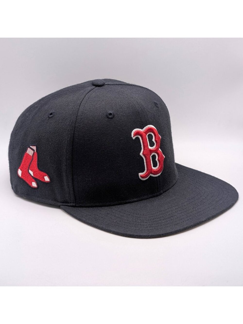 Boston Red Sox ’47 Brand Socks Side Patch Snapback Hat Black Red OSFM Flat Bill